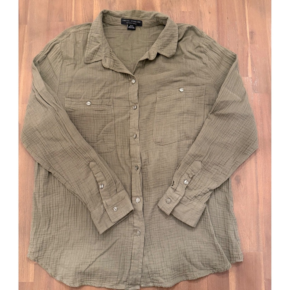 Social Standard Sanctuary Olive Green Cotton Gauze Button Down Shirt XL